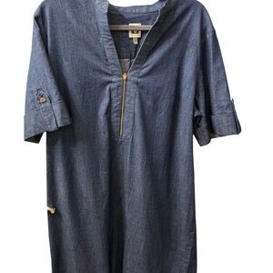 Anne Klein Navy Chambray Zip-Front Midi Dress